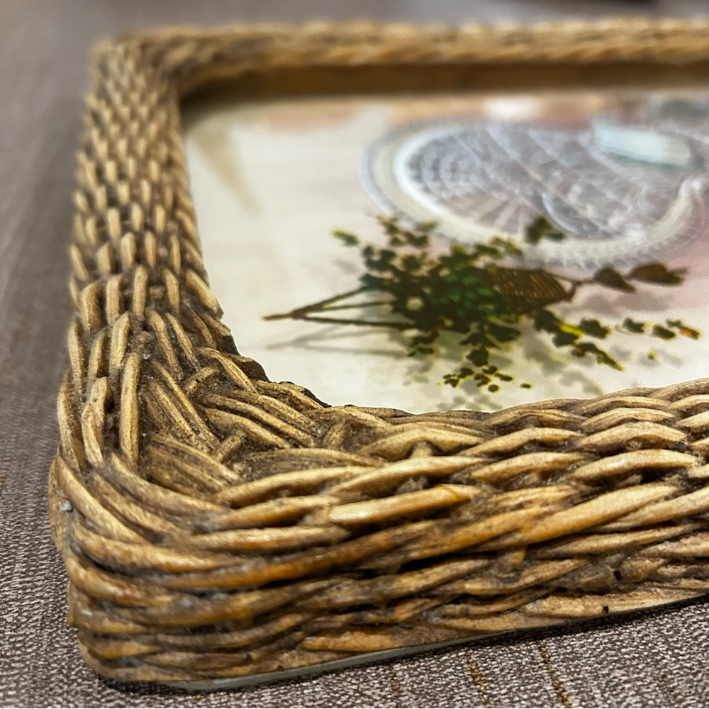 Vintage MCM 3D Peacock Chair Fern Print Rattan Frame Boho Cottagecore Wall Decor - Picture 11 of 11
